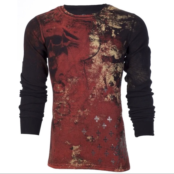 Archaic by Affliction Men's Thermal Shirt BRASS Skull Biker Black - Picture 2 of 9